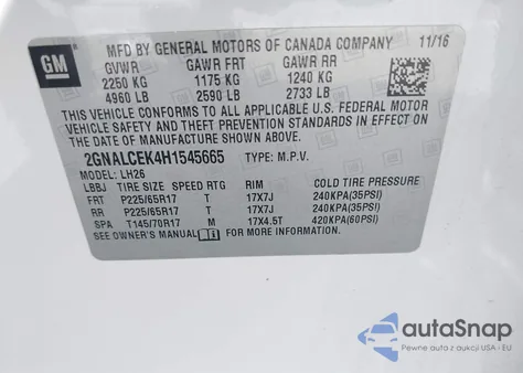 2017 Chevrolet Equinox Lt z USA, uszkodzony, nr VIN 2GNALCEK4H1545665